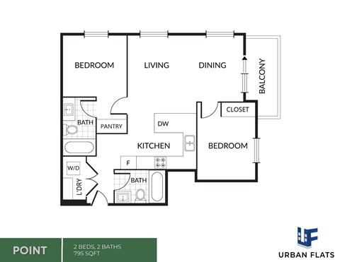 Floor plan for 2 beds, 2 baths, 795 sqft